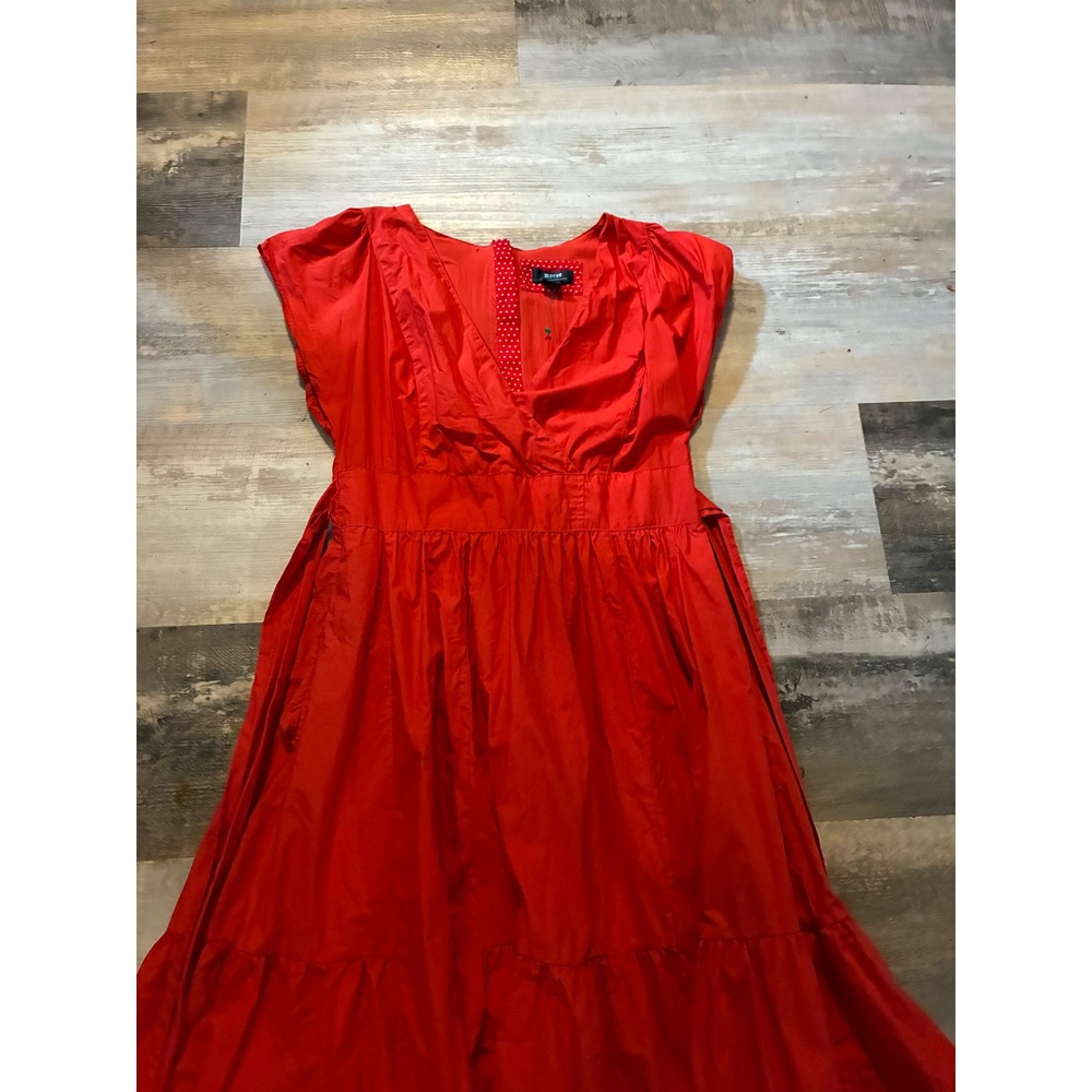 Maeve by Anthropologie Red Cotton Tiered Midi Dress Wrap Neck Tie Waist Sz 10 - Picture 2 of 6
